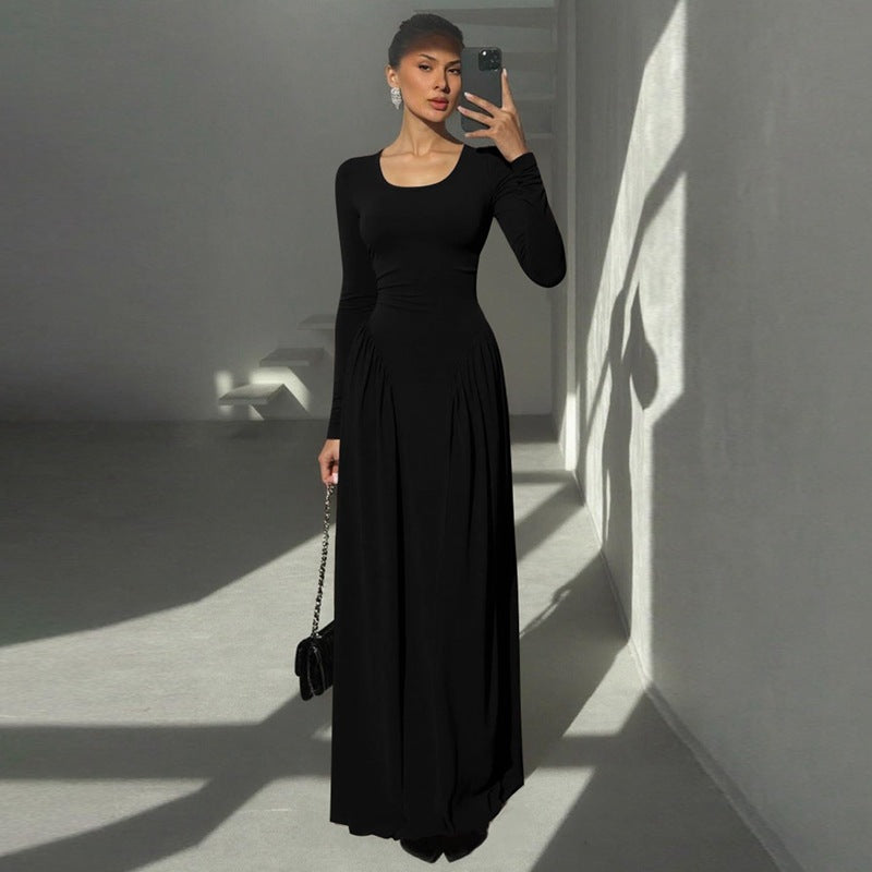 Women Autumn French U Shaped Collar Solid Color Long Sleeve Tied Waist Slimming Dress