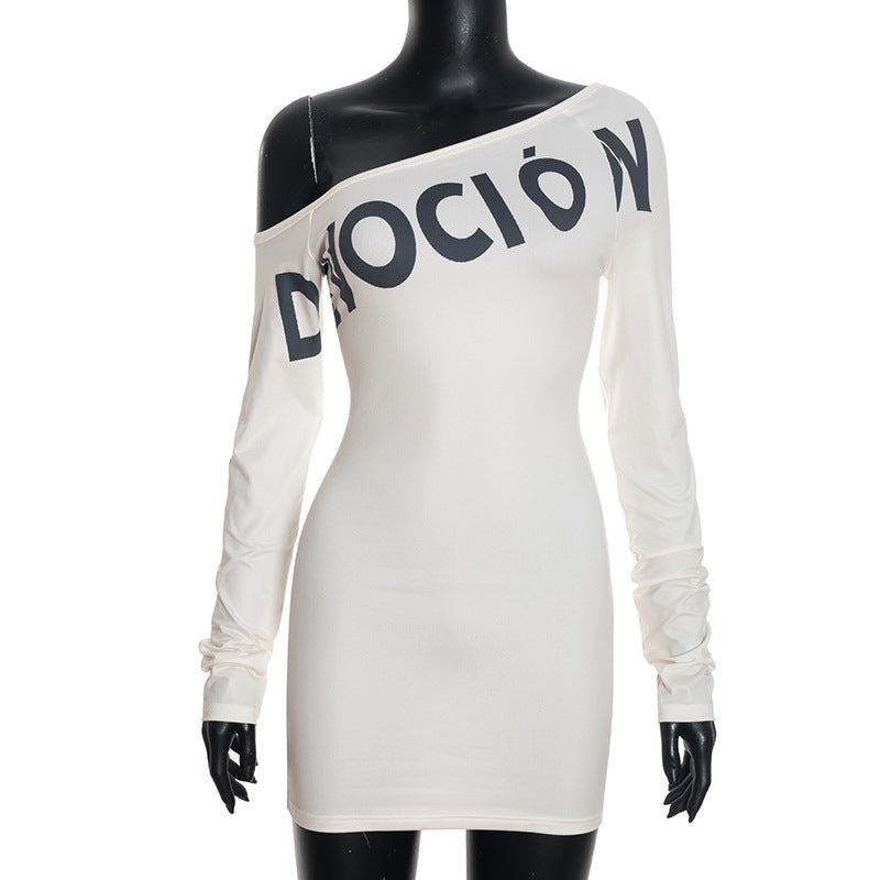 Autumn Sexy Spicy Girl Letter Graphic Printed off Shoulder Long Sleeve Short Dress