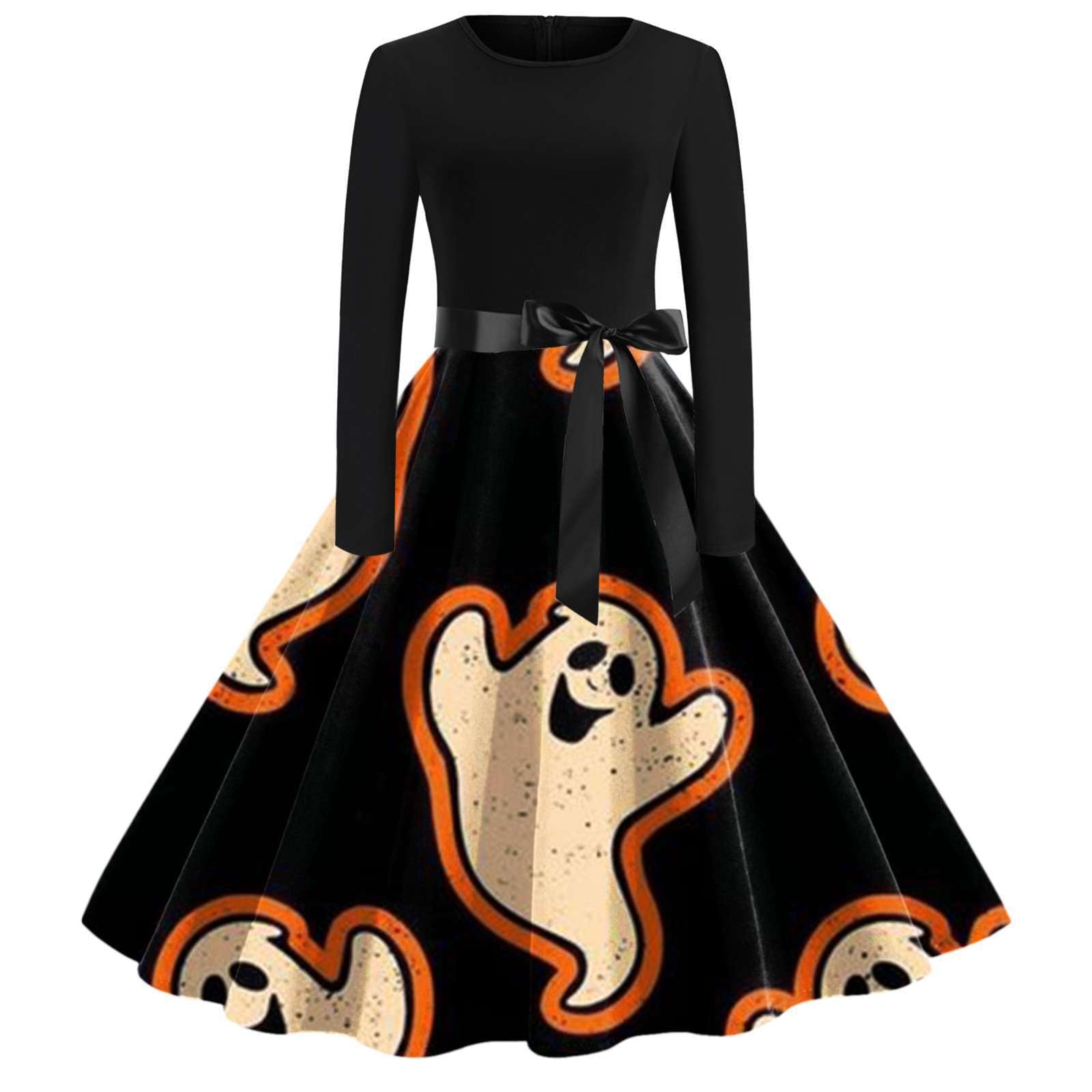 Women Clothing with Bowknot Halloween Dress Long Sleeve round Neck Holiday Princess Dress
