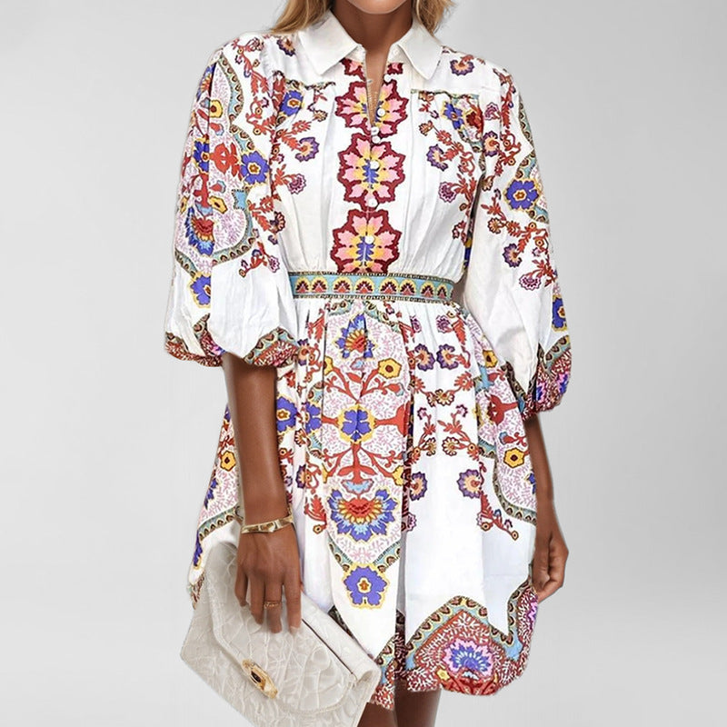 Spring Women Clothing V neck Lantern Sleeve Printed Waist Slimming Dress