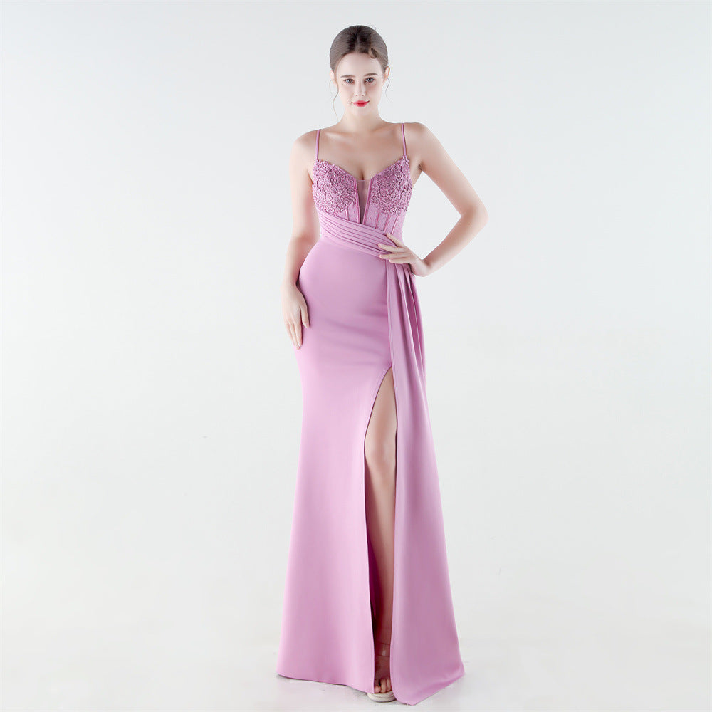 Deep V Plunge Waist Tight High Slit Sequin Embroidered Strap Slim Fit Elegant Evening Dress