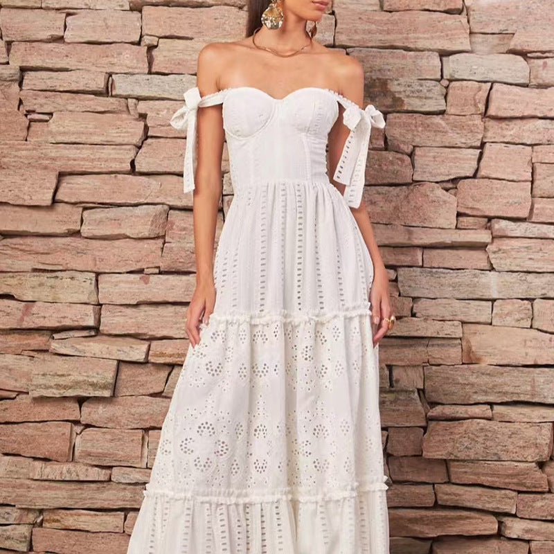 Elegant Sexy Cami Dress Autumn off Shoulder Embroidered Hollow Out Cutout out Sexy Dress