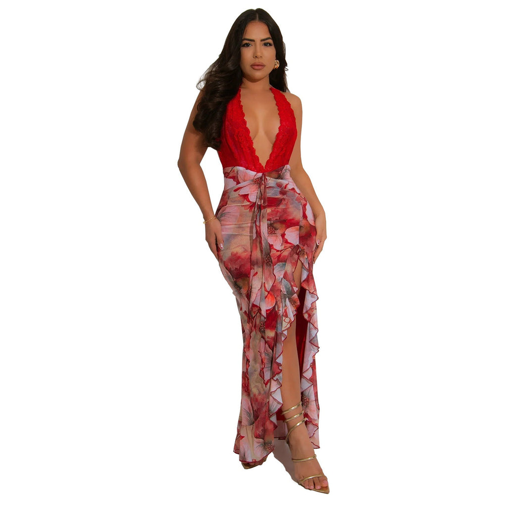 Women Wear Sexy Deep V Plunge Halter Slim Fit Printed Dress