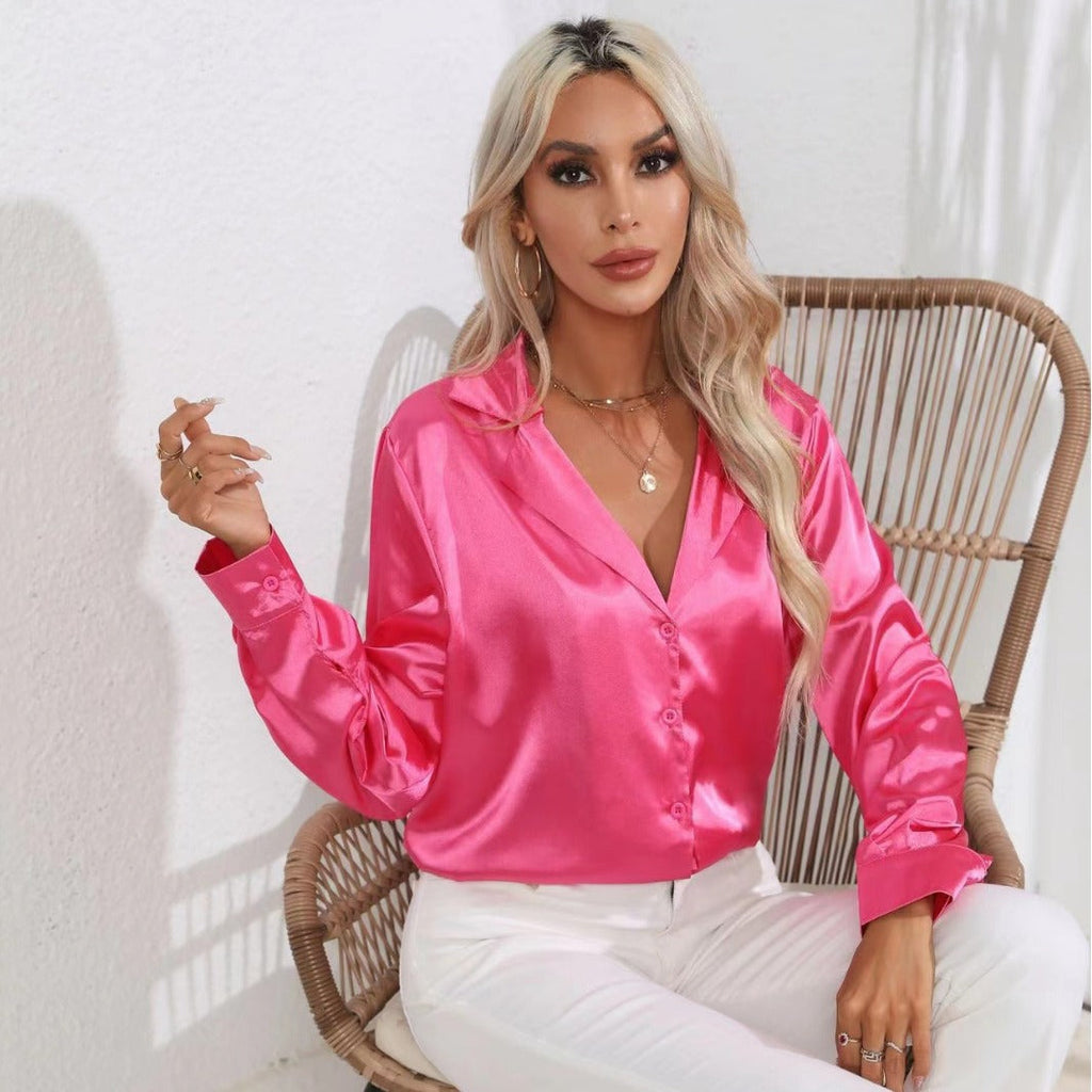 Popular Real Collar Satin Shirt Women Satin Artificial Silk Long Sleeve Shirt Women Clothing