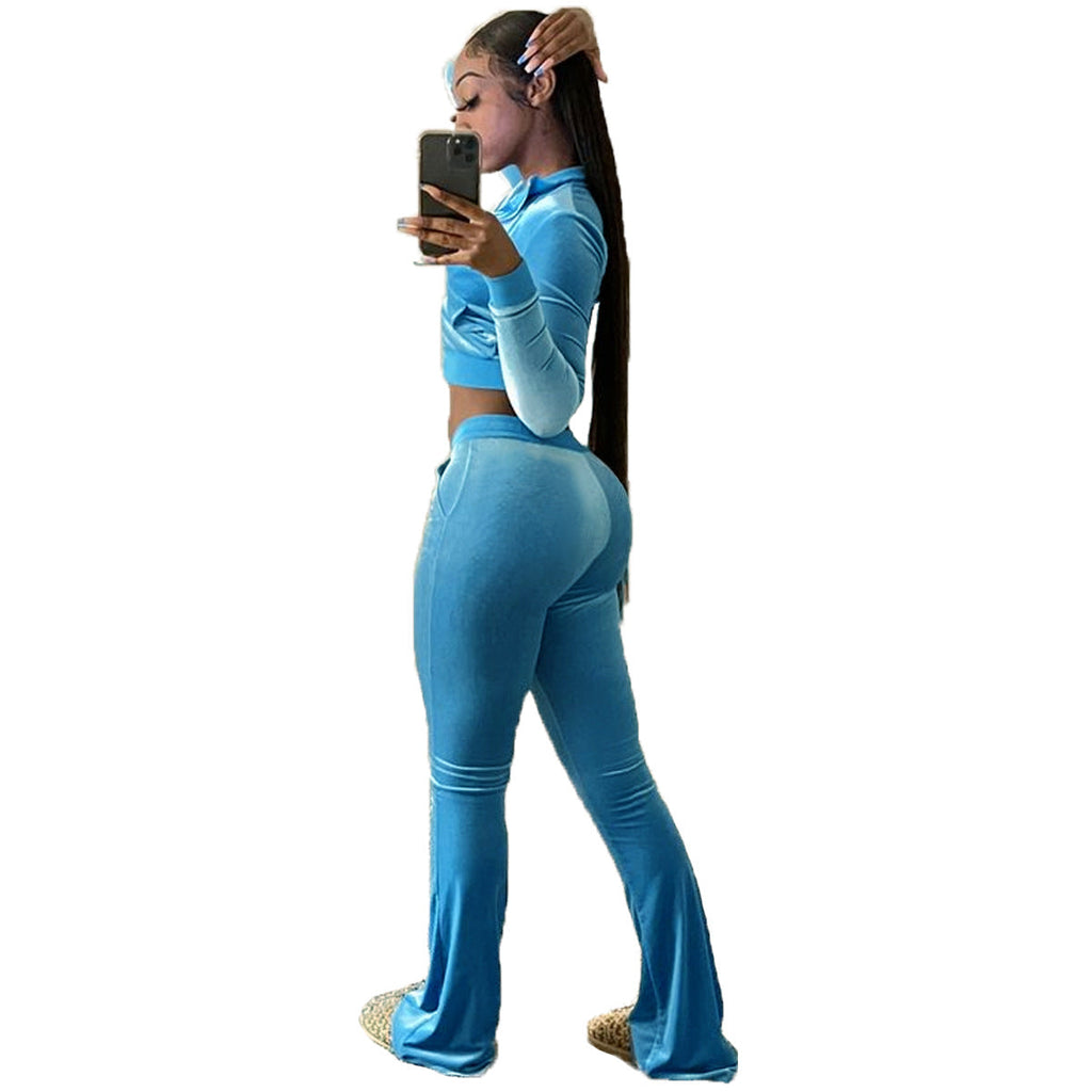 Women Clothing Two-Piece Korean Velvet Solid Color Long Sleeve Sexy cropped Casual Sports Suit
