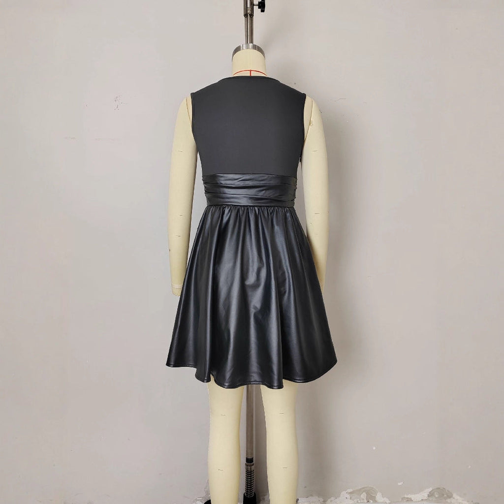 Graceful Fashionable Sleeveless round Collar Design Leather Stitching Dress