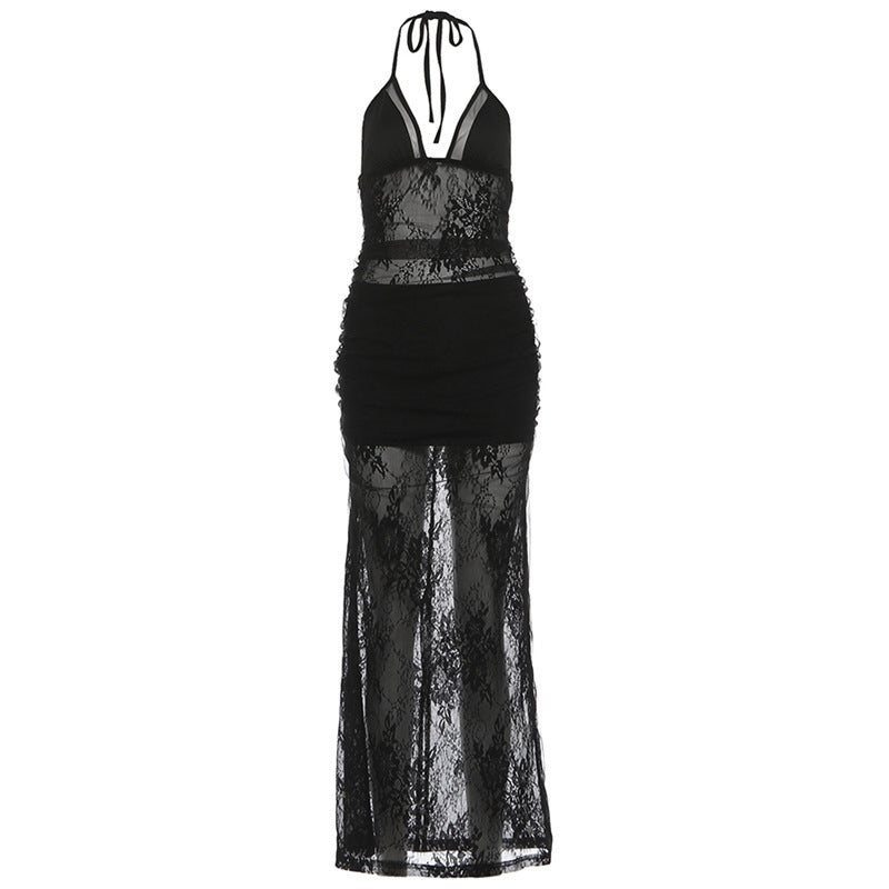 Autumn Winter Women Sexy Lace Stitching Halter Split Maxi Dress