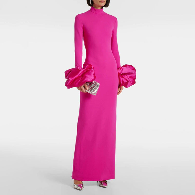 Color Dress Stand Collar Cuff Large Floral Slim Slimming Dress