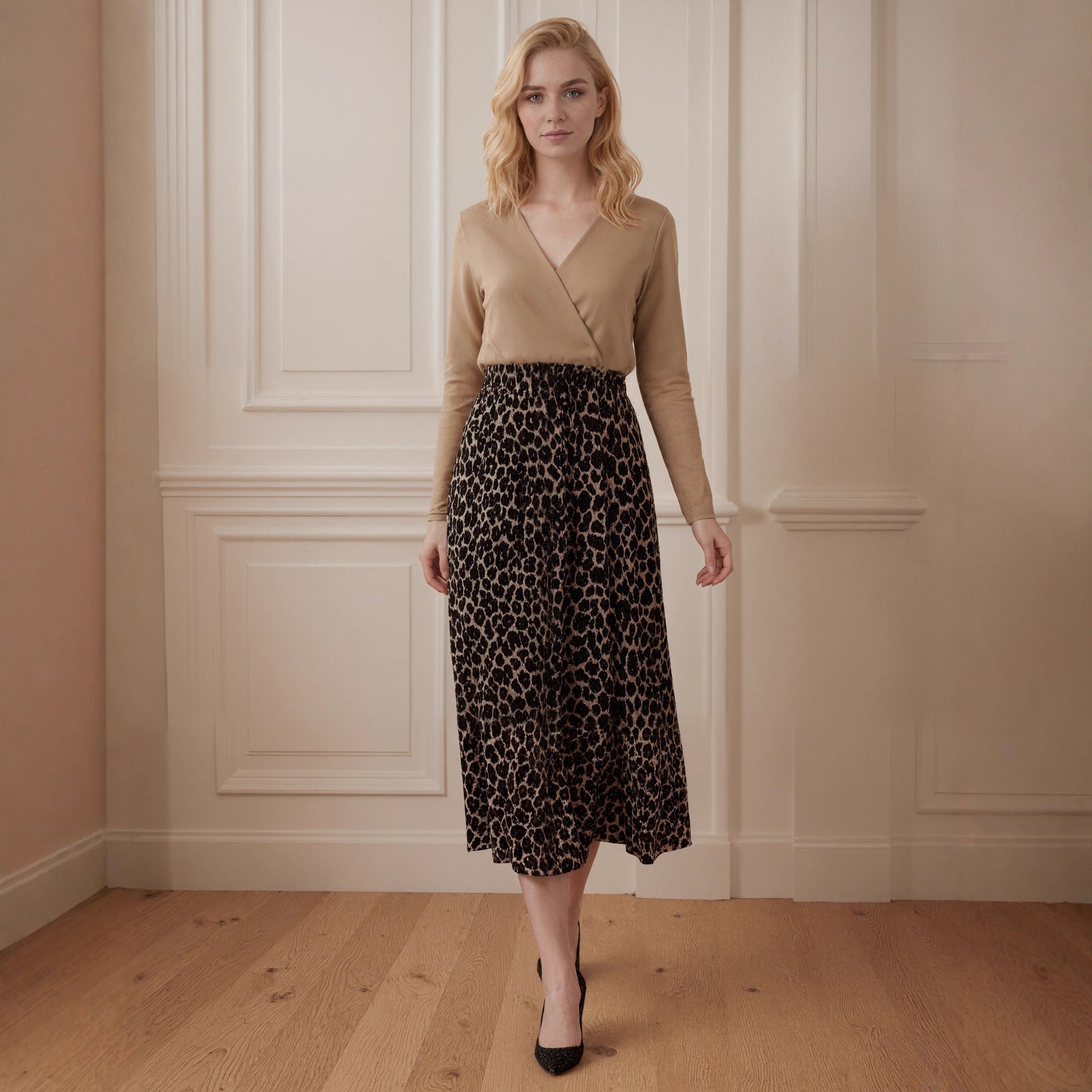 Cross V neck Stitching Draping Fabric Leopard Print Long Sleeve Dress