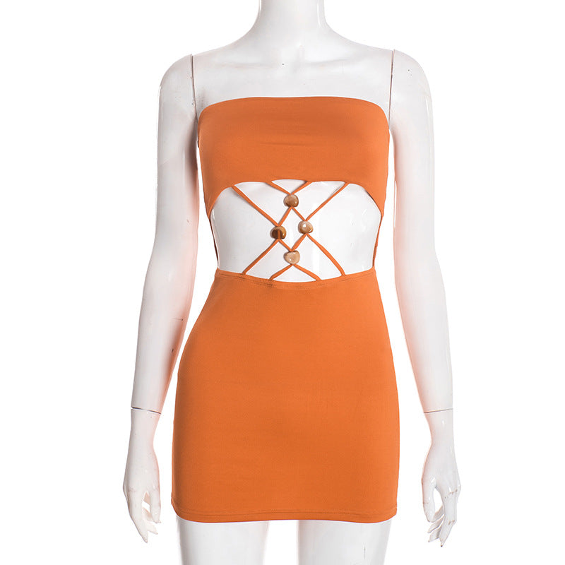 Women Clothing Spring Sexy Package Hip Hollow Out Cutout out Strap Tube Top Short Sleeveless Dress