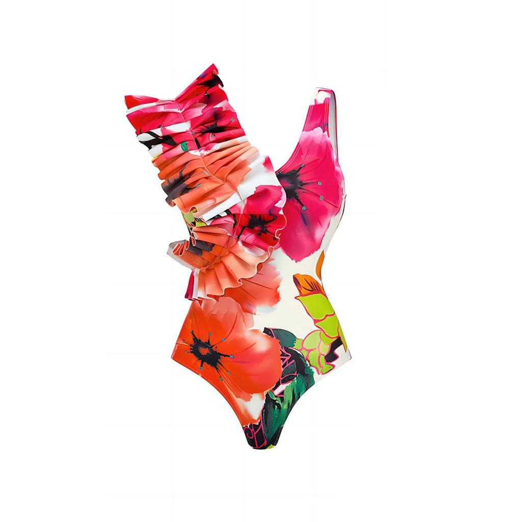 Sexy Swimsuit Women Bikini Flounce Printed Swimsuit Bikini Mesh Maxi Dress