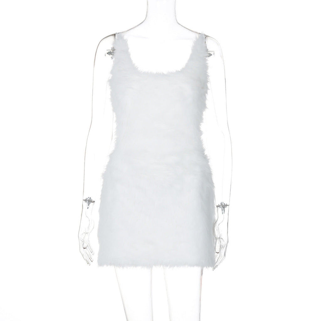 Women Clothing Sexy Hollow Out Cutout Out Backless Zipper Solid Color Furry Sling Sheath Dress Dress