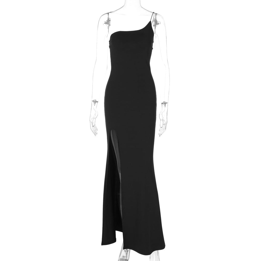 Women Clothing Summer Sexy Solid Color One Shoulder Sleeveless Sleeveless Split Dress