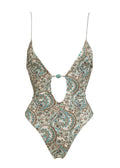 Sexy Deep V Plunge One Piece Swimsuit Women Summer Sexy Printed Lace up Backless Swimsuit