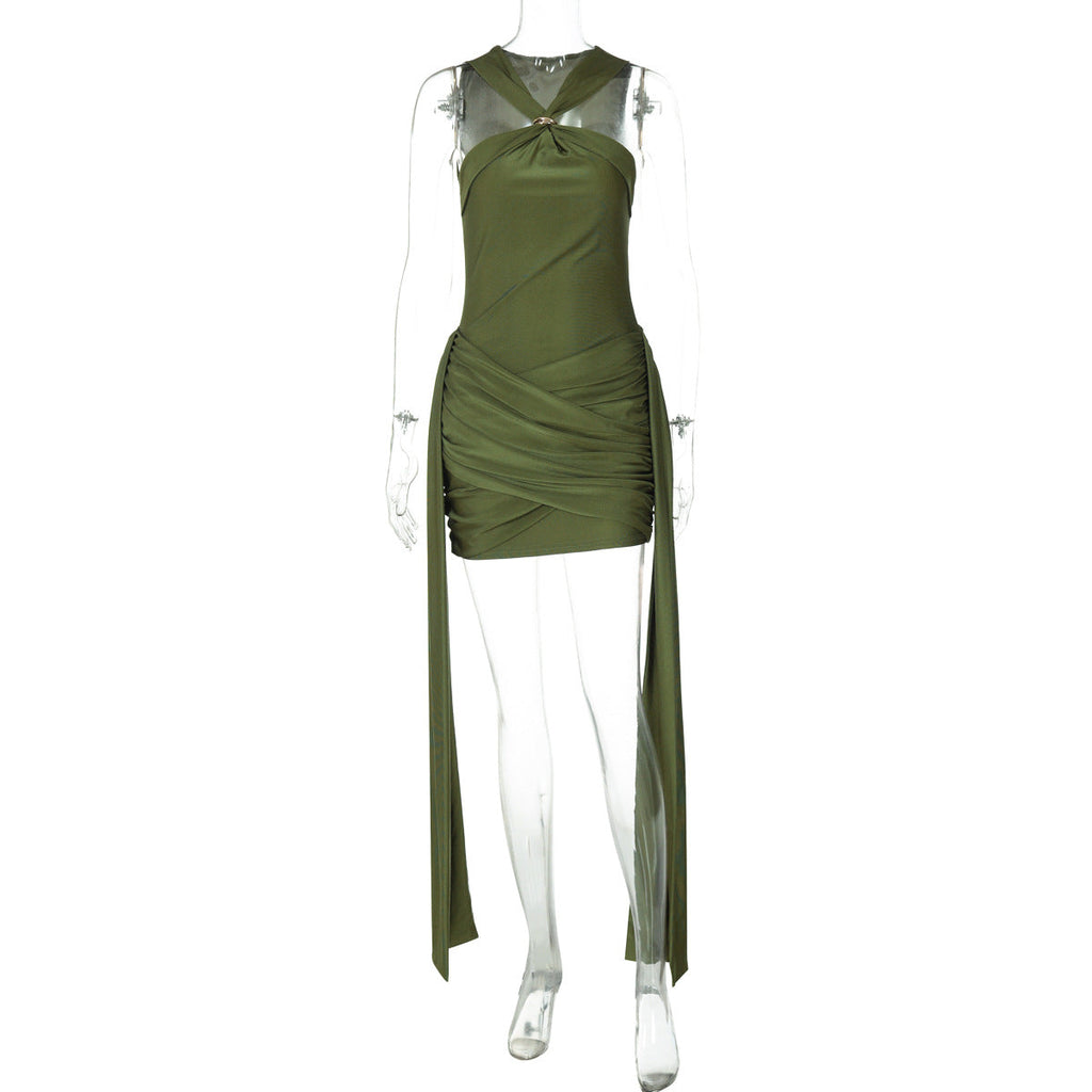 Women Clothing Summer Sleeveless Halter Pleated Waist Tight Slim Sexy Skinny Sheath Dress