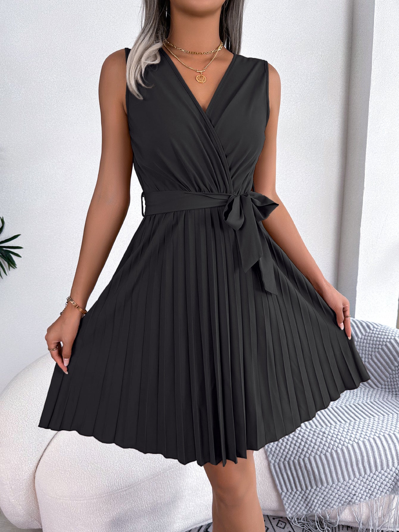 Spring Summer Elegant Cross V neck Sleeveless Cinched Pleated Dress Women Clothing