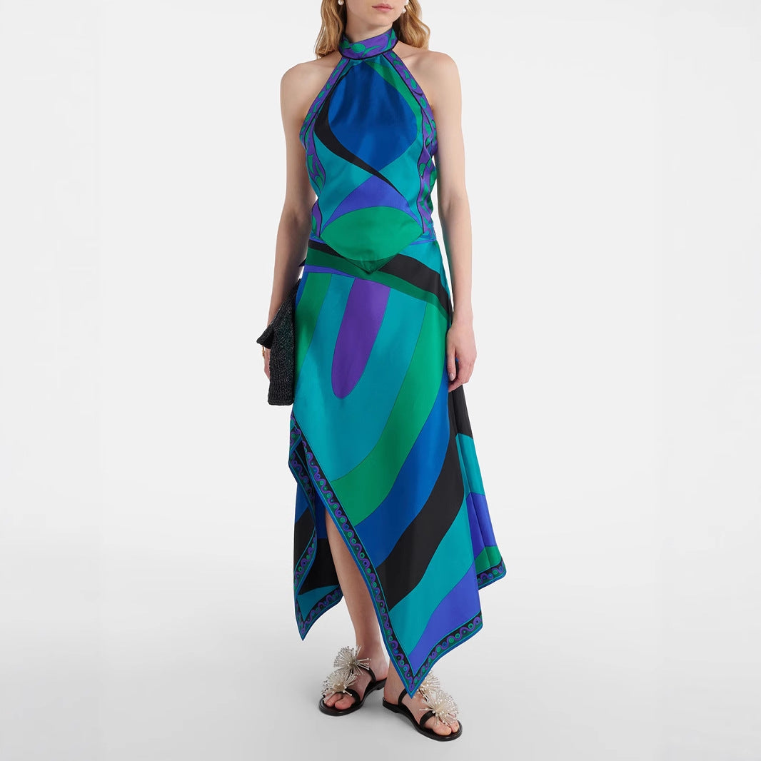 Printed Satin Halter Backless Top Irregular Asymmetric Skirt Two Piece Sets
