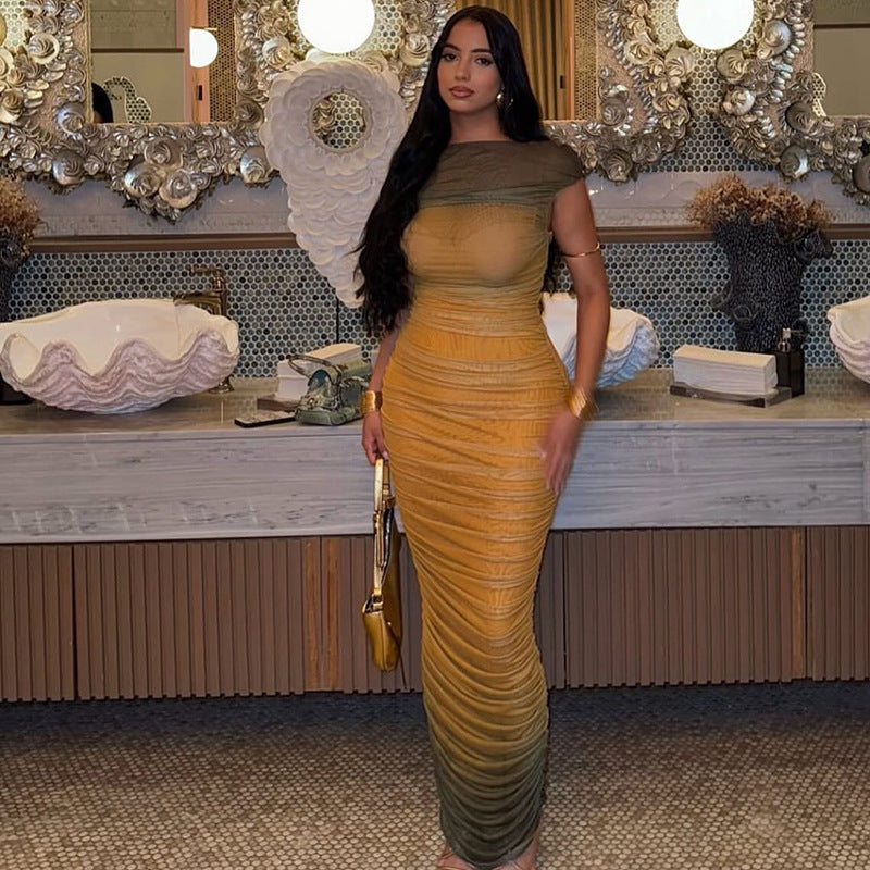 Slim Fit Slimming Women Color Matching Pleated Hip Dress off Neck Gradient Color One Step Maxi Dress