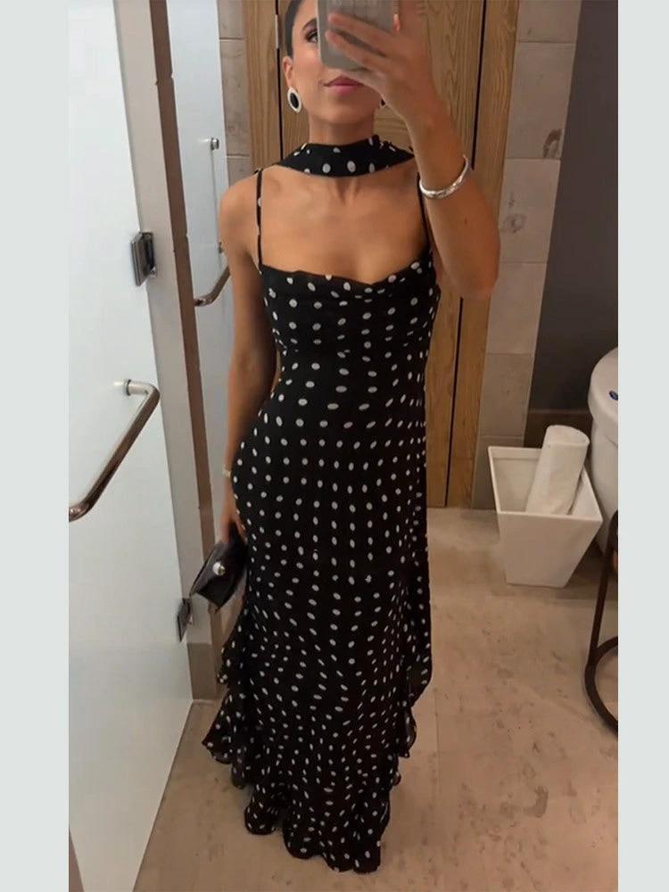 Sleeveless Polka Dot Scarf  Ruffled Spaghetti Straps Dress set