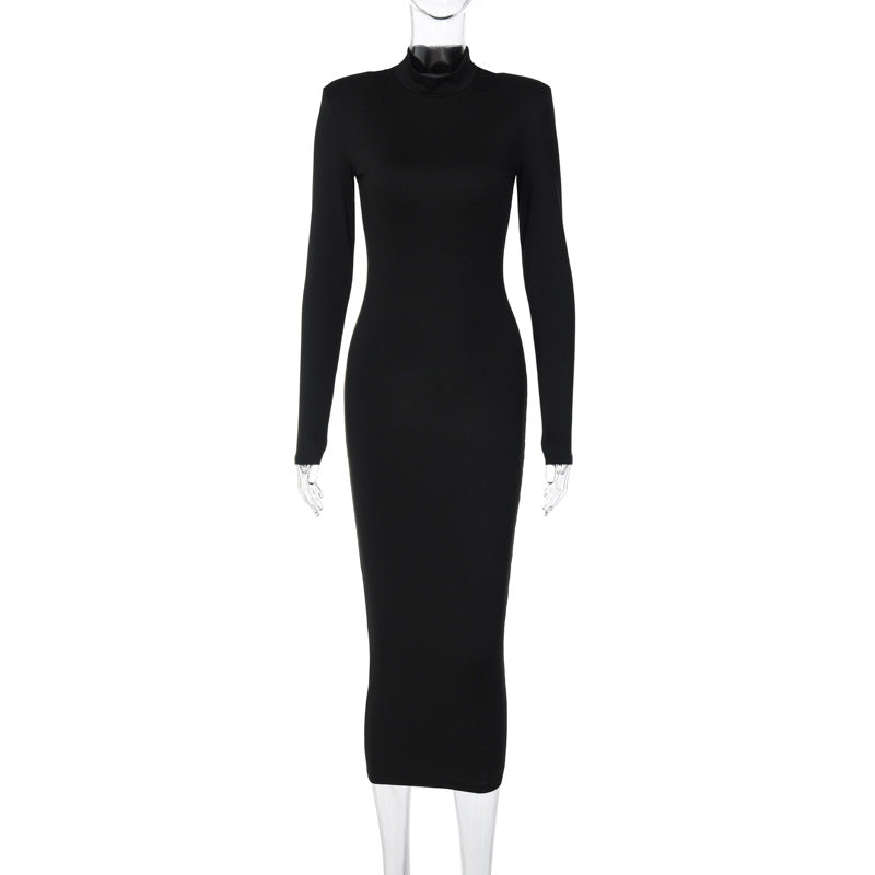 Women Clothing Autumn Solid Color Slim High Collar Long Sleeve Dress