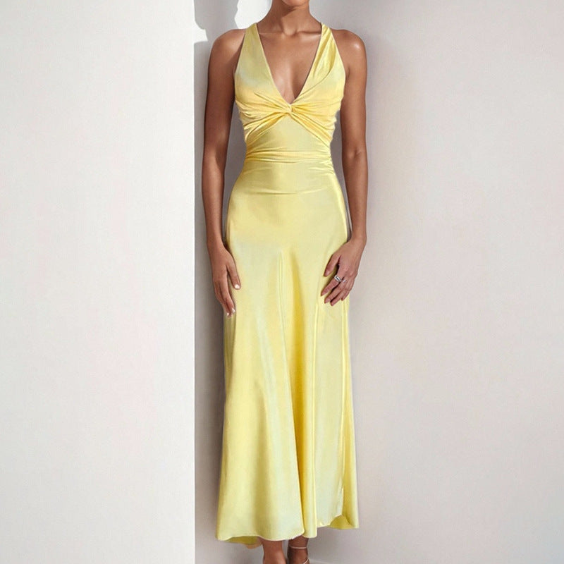Spring Women Clothing Sexy V neck Pleated Slim Slimming Graceful Fashionable Dress