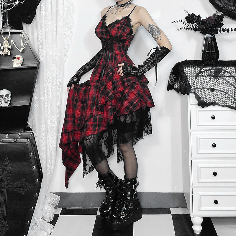 Summer Sling Dark Irregular Asymmetric Stitching Hem Plaid Dress Women