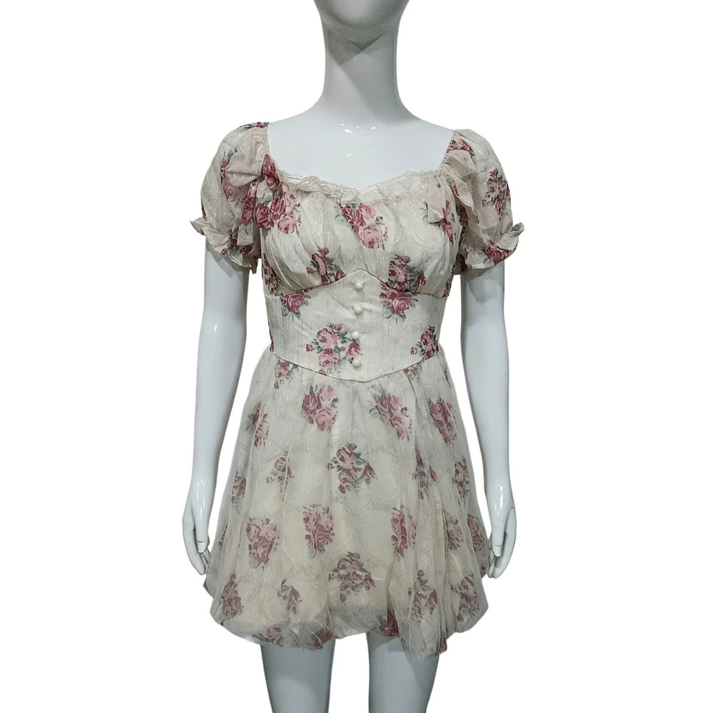 Retro Spicy Girl Square Collar Lace Stitching Bow Dress Women Summer Small Bright Silk Floral Dress