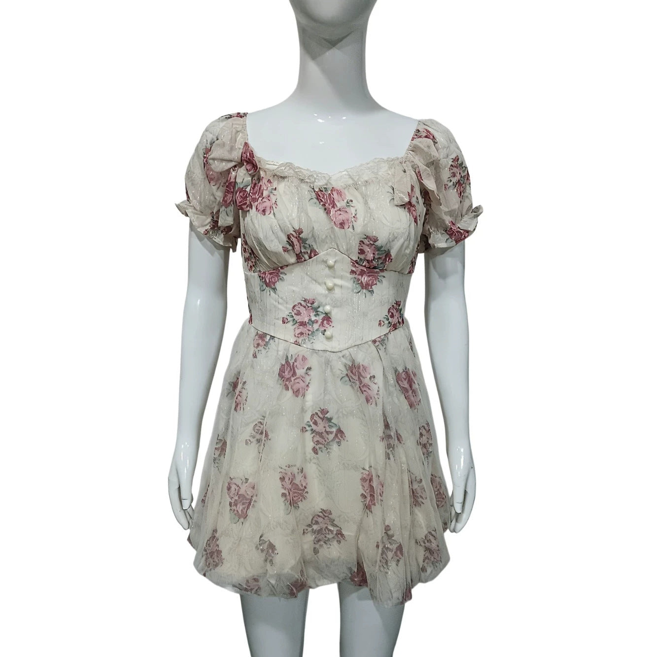 Retro Spicy Girl Square Collar Lace Stitching Bow Dress Women Summer Small Bright Silk Floral Dress