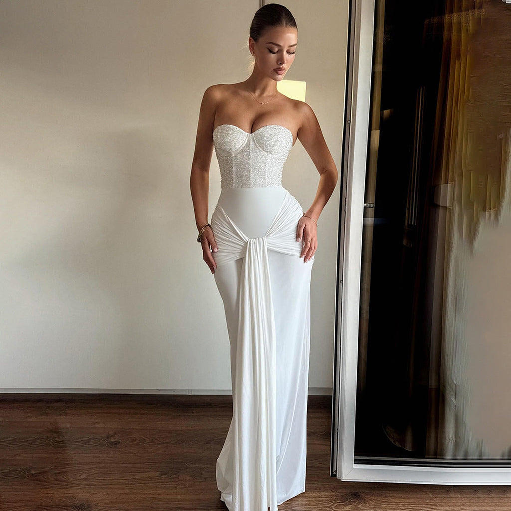Fall Women Clothing Pure Sexy Sequin Stitching Tube Top Backless Sheath Dress for Women