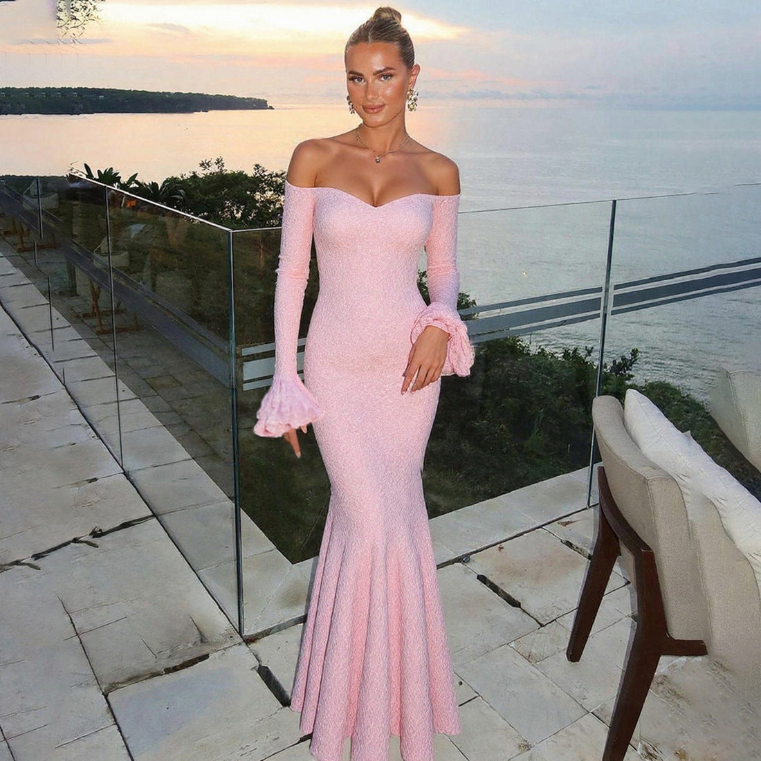 Summer Women Sexy off the Shoulder Dress High Waist Figure Flattering Sheath Dress