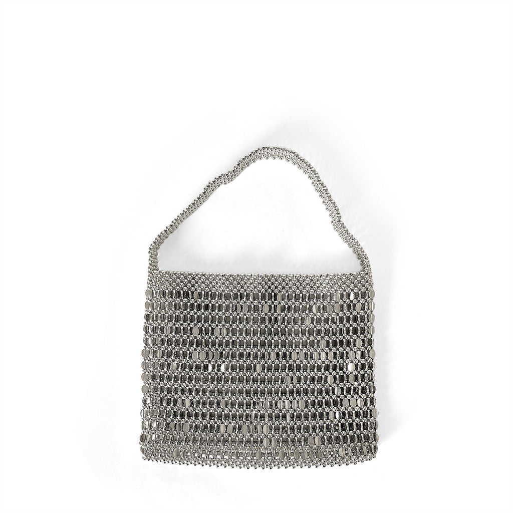 Retro Old Money Metal Casual Shiny Inflexible Hand Woven Beads Tote Underarm Messenger Bag Portable