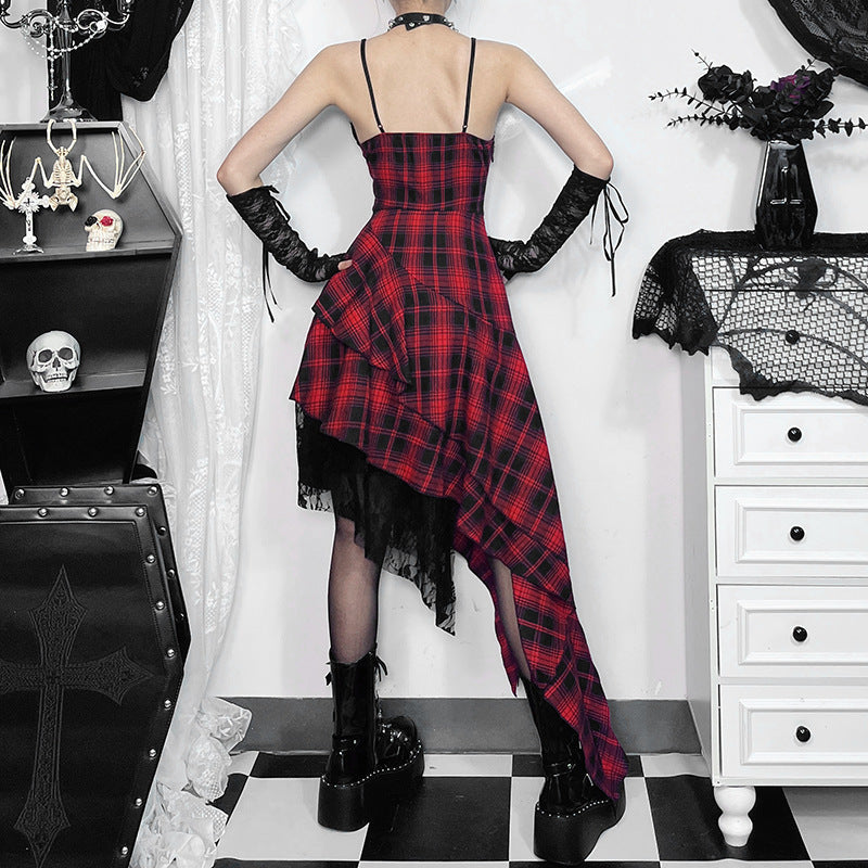 Summer Sling Dark Irregular Asymmetric Stitching Hem Plaid Dress Women