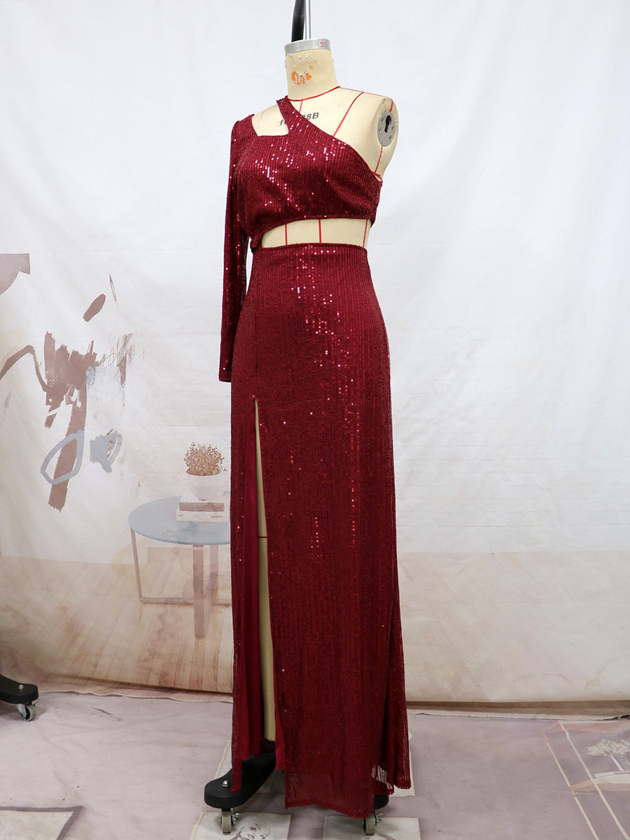 Summer Sloping Shoulder off the Shoulder Split Dress Sexy High Waist Cocktail Sexy Dress
