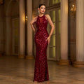 Women Clothing Advanced Sleeveless round Neck Sequ Slim Sheath Cocktail Fishtail Evening Dress