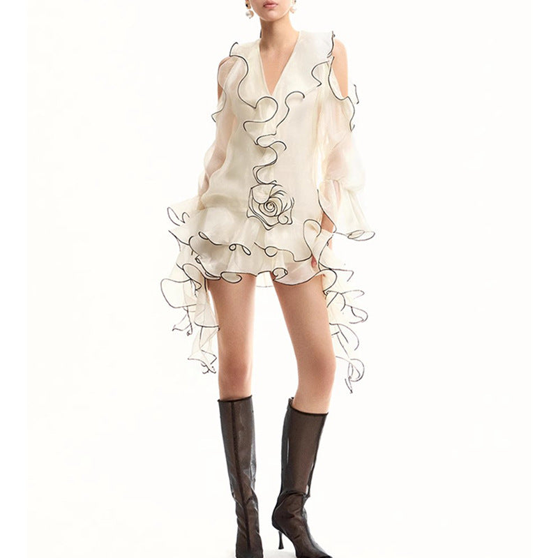 Vacation Socialite Light Luxury Trim Slim White Dress Autumn Ruffled Long Sleeve off Shoulder Dress