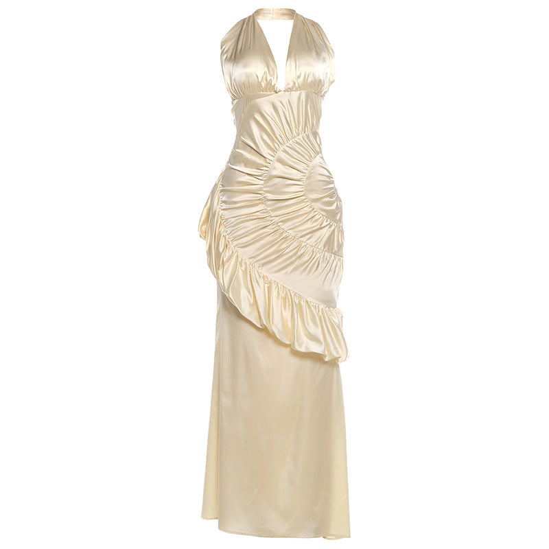 Autumn Winter Women Clothing Solid Color V neck Halter Backless Slim Pleated Dress Elegant Dress