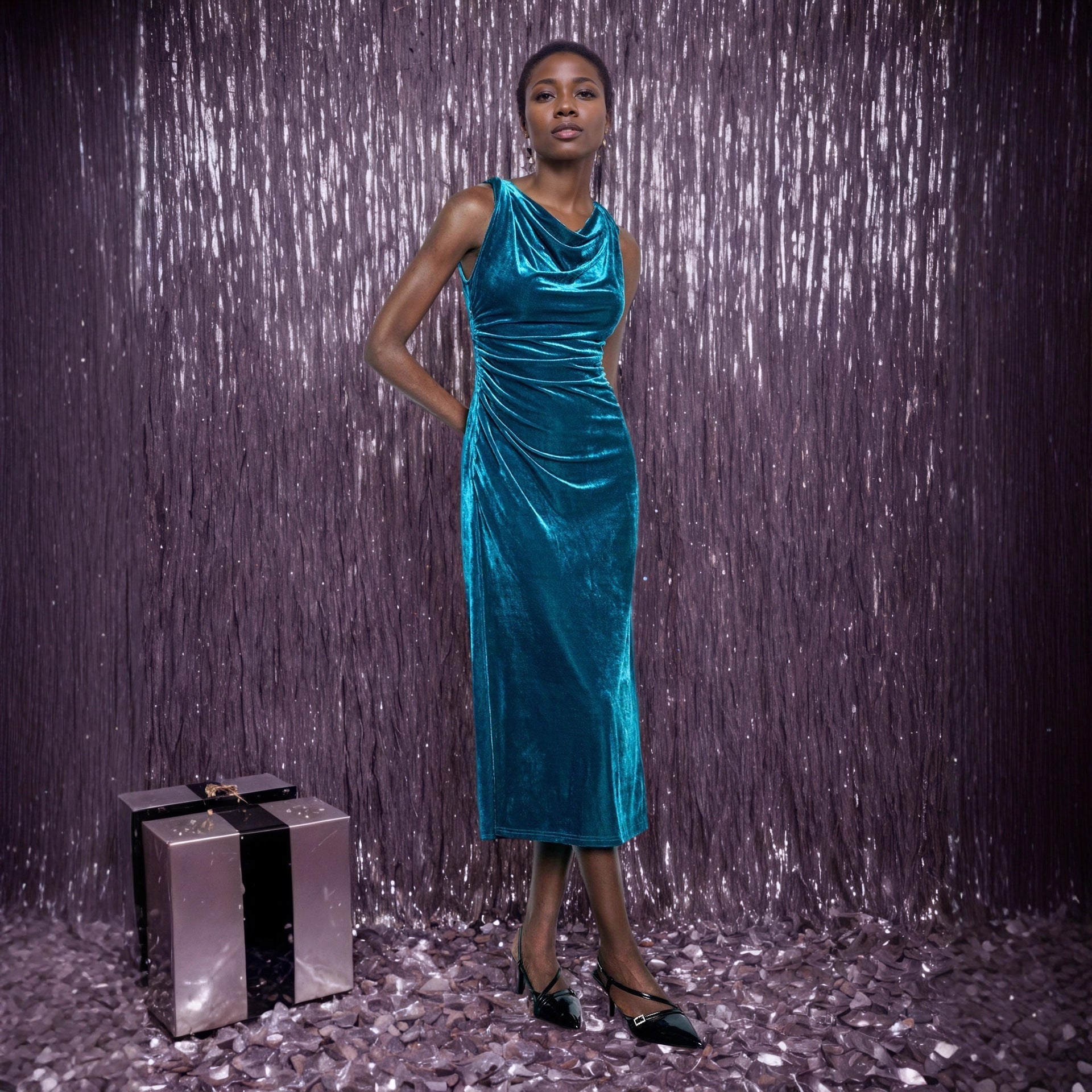 Popular Sleeveless Velvet Evening Dress Ladies Fall Winter Slim Fit Side Slit Sheath Dress