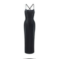 Women Clothing Sexy Faux Leather Sexy U Neck Cross Lace-up Backless Sheath Maxi Dress