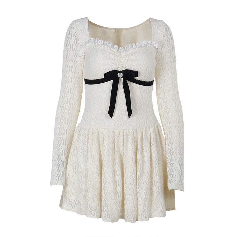 Lace Stitching Bow Waist Tight A line Dress Women Autumn Sexy Little Short Dress