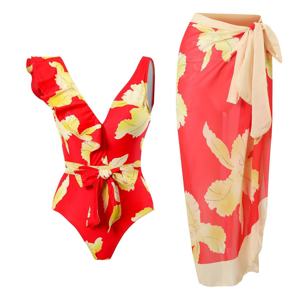 Sexy Swimsuit Women Vintage Ruffled Swimsuit Bikini Chiffon Beach Skirt Set