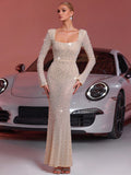 Arrival Gorgeous Mesh Drilling Beaded Square Collar Slimming Backless Long Fishtail Party Dinner Sling Formal Dress