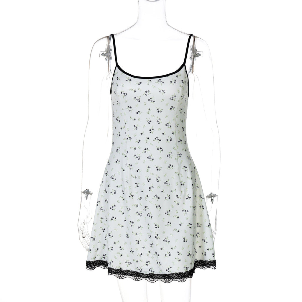 Arrival Refreshing Stylish Floral Seaside All Match Sexy Short Sling Lace Edge Dress Women