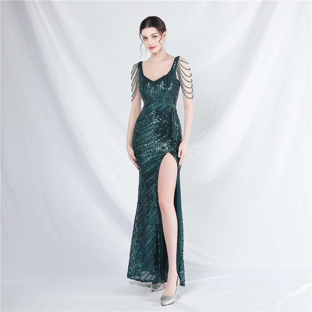 Craft Sequin Velvet Bottom Handmade Beaded Long Elegant Light Luxury Evening Dress