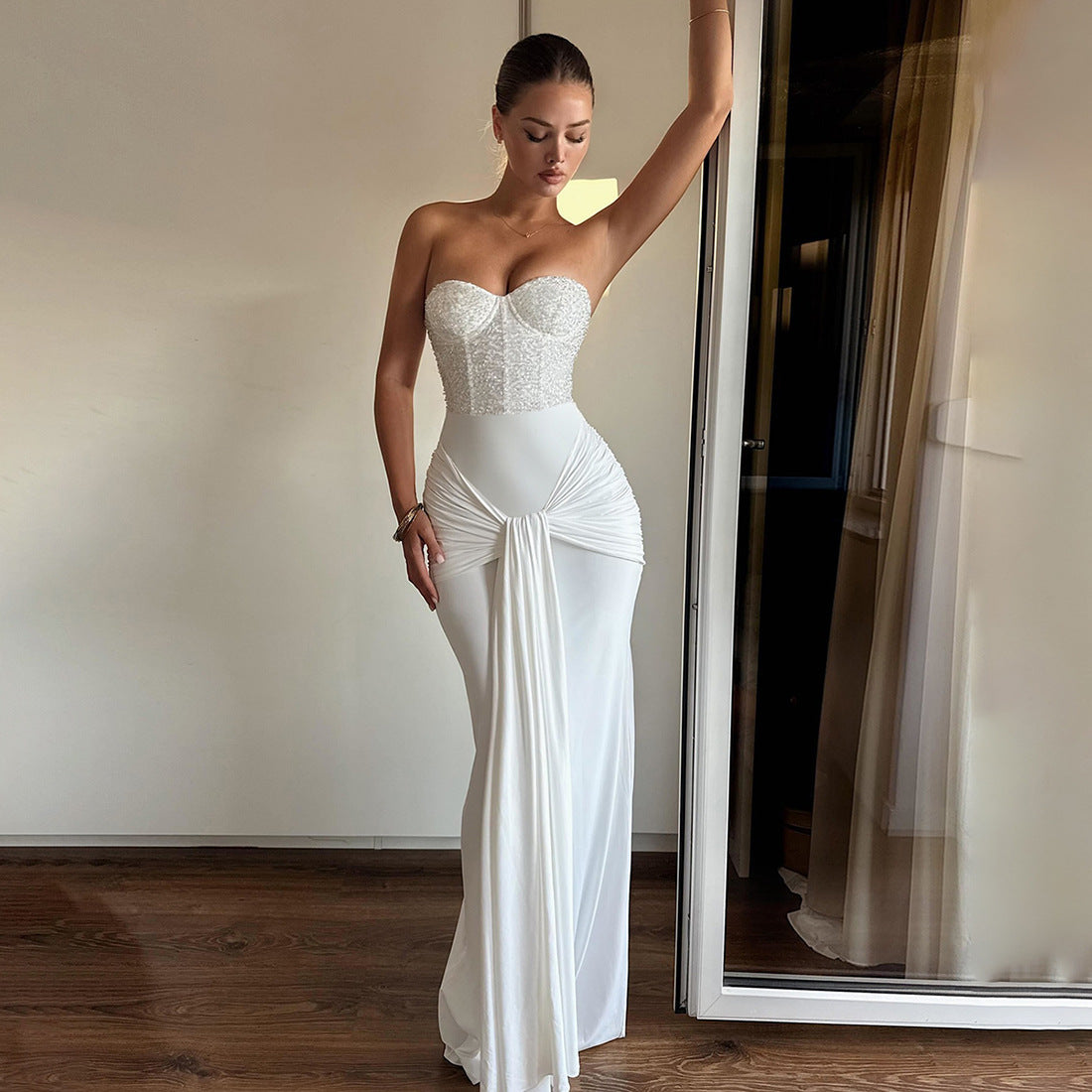 Fall Women Clothing Pure Sexy Sequin Stitching Tube Top Backless Sheath Dress for Women