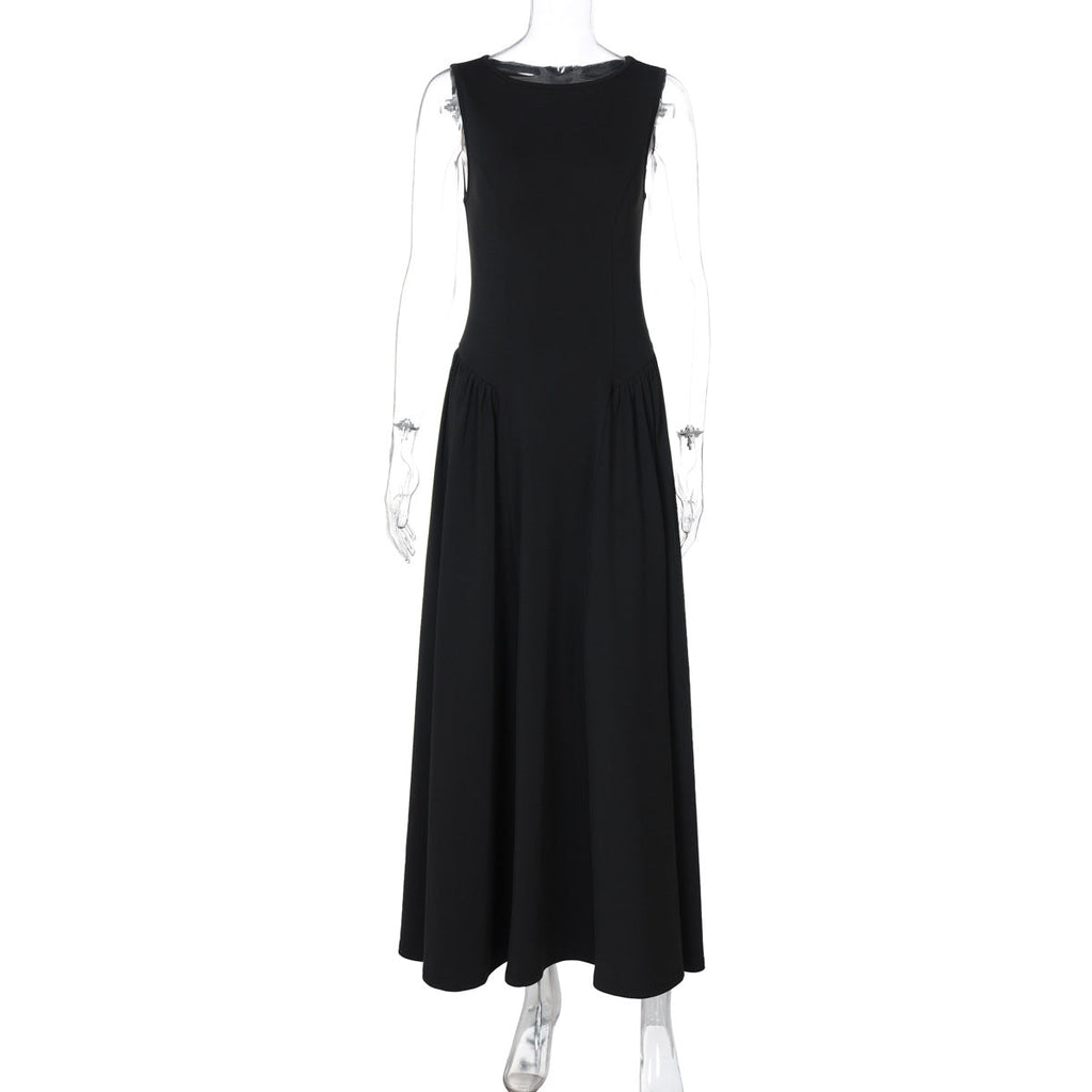 Women Clothing Autumn Solid Color round Neck Sleeveless Pleated Large Swing Dress Fashionable Elegant Dress