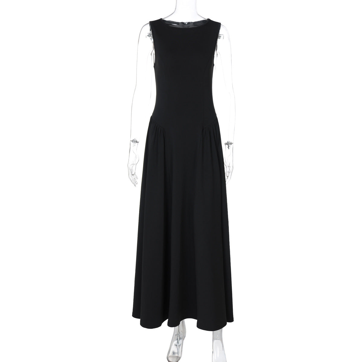 Women Clothing Autumn Solid Color round Neck Sleeveless Pleated Large Swing Dress Fashionable Elegant Dress