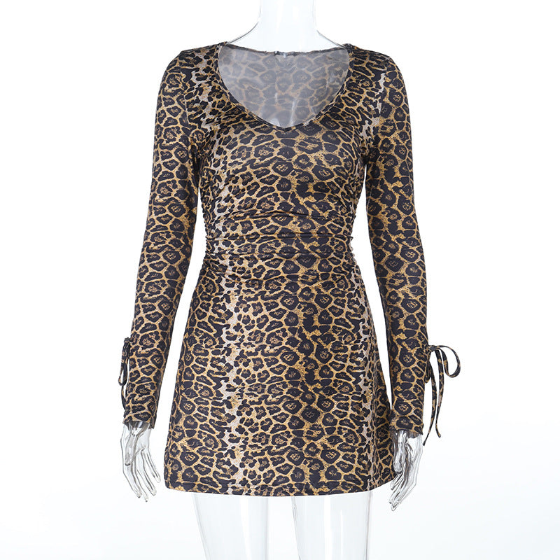 Autumn V neck Sexy Leopard Print Cross Strap Personalized Dress