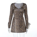 Autumn V neck Sexy Leopard Print Cross Strap Personalized Dress