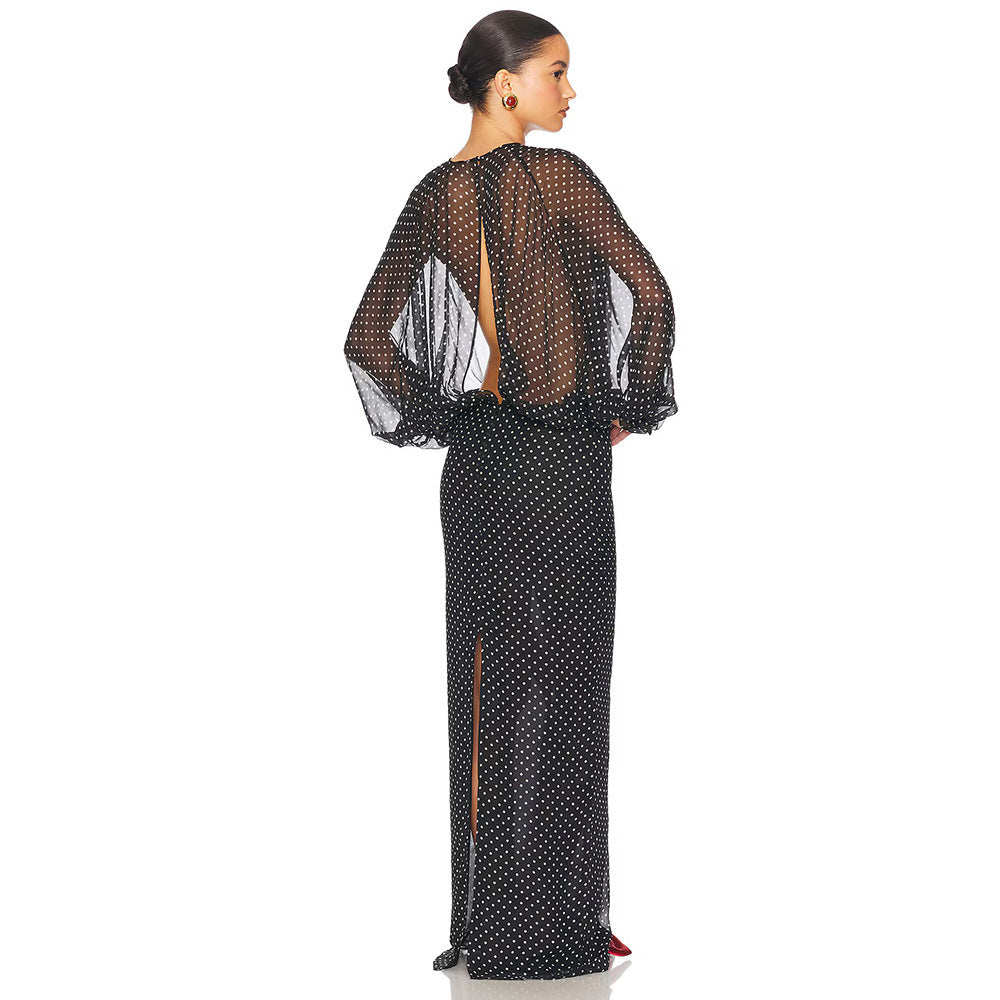 Women Solid Color Fall Long Sleeve French Polka Dot Chiffon Dress