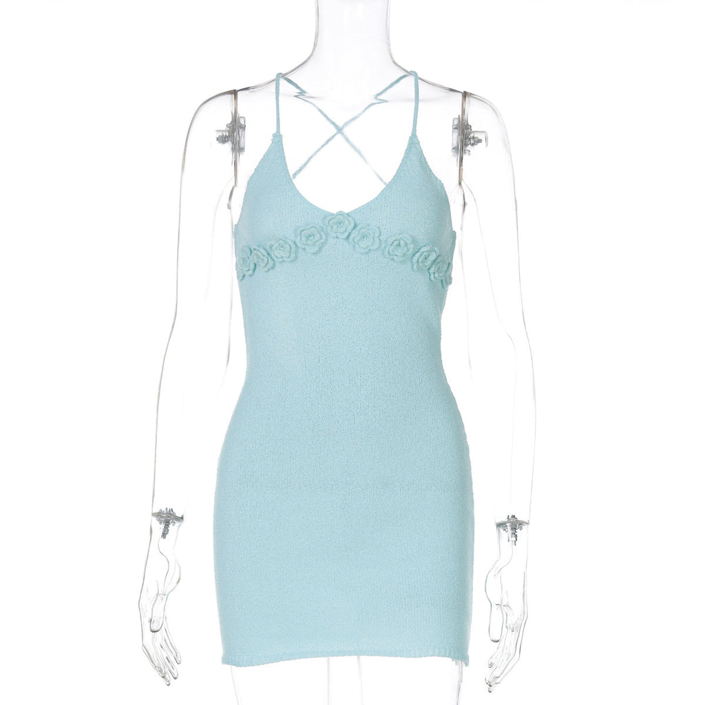 Women Clothing Summer Personalized Floral Decorative V neck Knitted Cami Dress